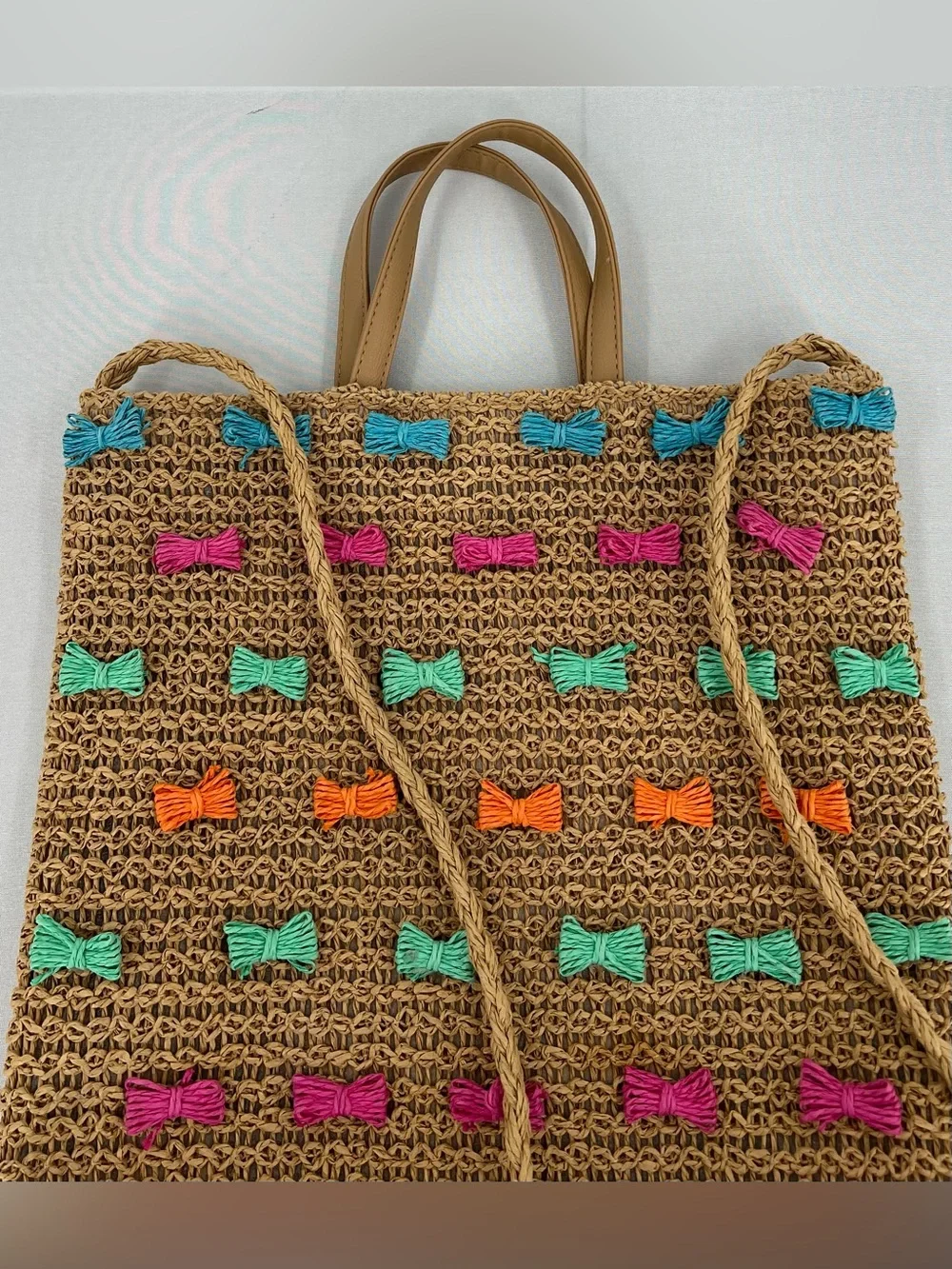 Raffia woven straw colorful Bow Tote Beach Bag euro summer coastal vacation